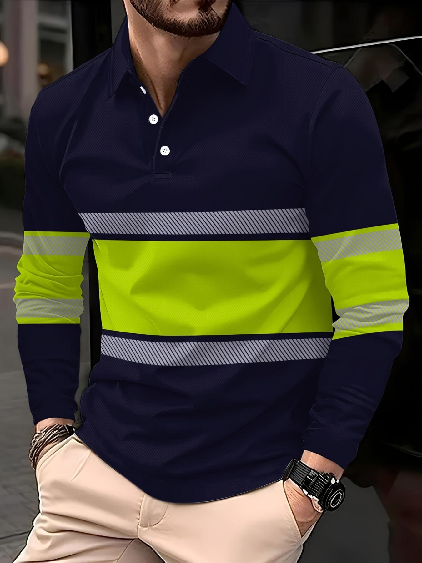 Men's Reflective Stripe Long Sleeve Polo Shirt, Construction Safety Workwear, Colorblock Lapel, 3D Print Top, Fall & Winter Casual Style