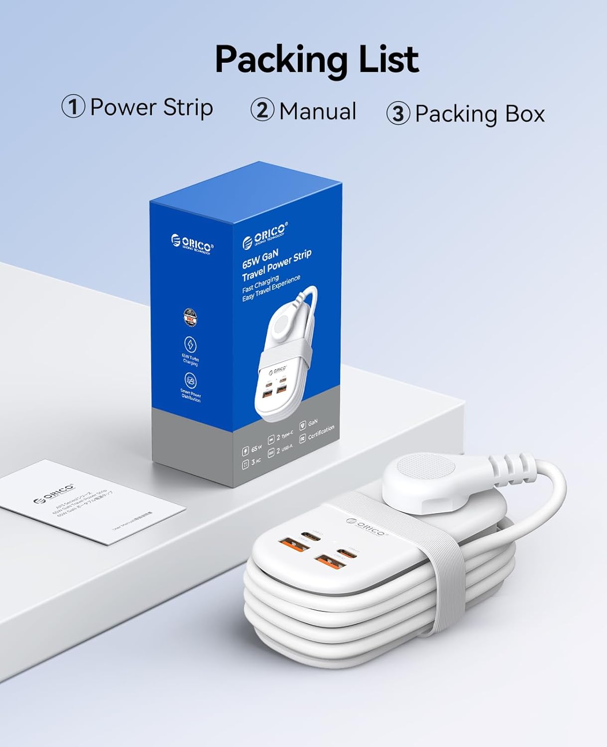 ORICO 7-in-1 Travel Power Strip, 3 AC Outlets + USB-C/USB-A Fast Charge (20W or 65W PD GaN), 4FT Wrapped Extension Cord, Flat Plug, Compact for Hotel, Dorm, Cruise, and MacBook/iPhone Devices - AP3 20W/65W