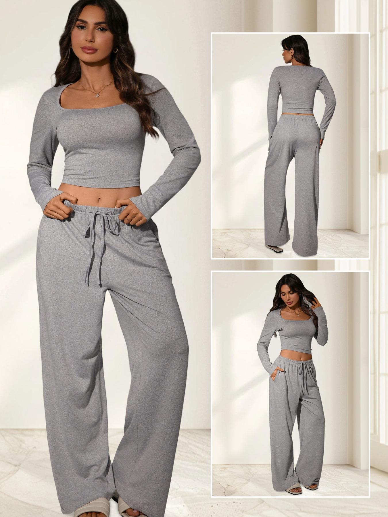 2026 Women's 2 Piece Matching Lounge Set, Square Neck Long Sleeve Crop Top, High Waisted Wide Leg Drawstring Pants, Casual Sweatsuit