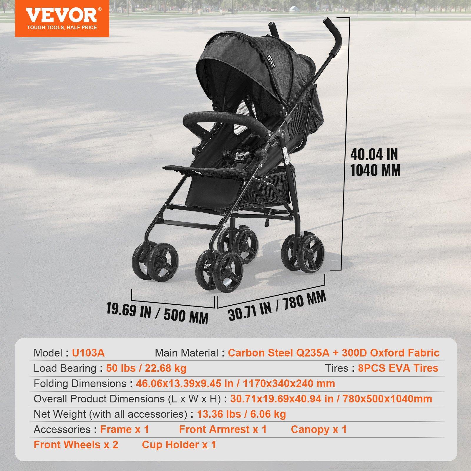 fathersdaygift VEVOR Lightweight Stroller, Compact Easy Fold MultiPosition Recline Canopy Backrest, Carbon Steel Frame, Large Storage Basket, Cup Holder, Umbrella Toddler Baby Stroller for Travel and More, Black
