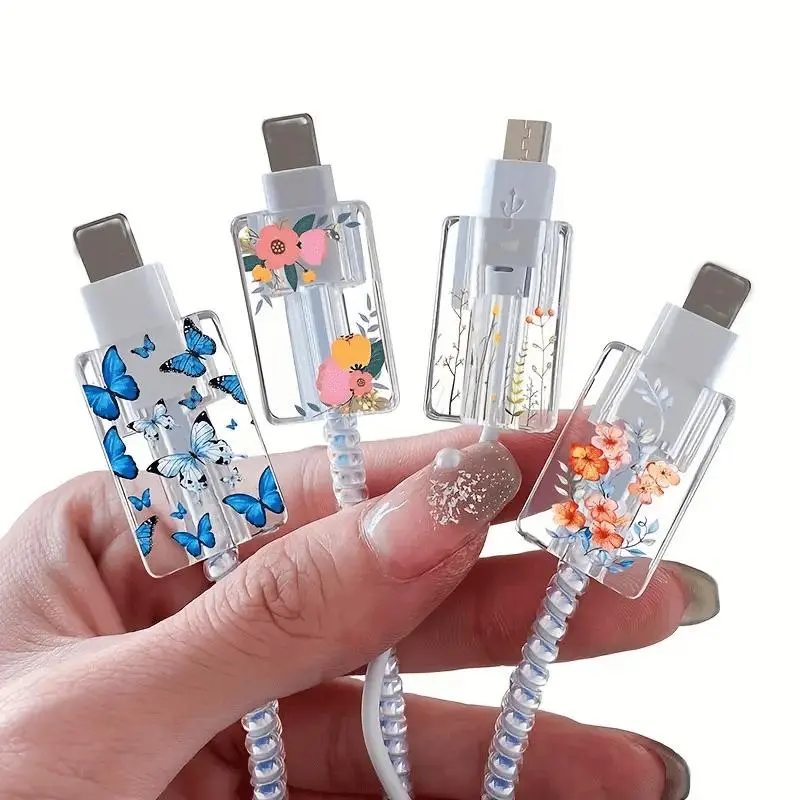 4pcs Set, Suitable for Apple Ios Phone Charging Cable Fixed Clip Protective Cover, Data Cable Anti-Break Cute Fruit Flower Data Cable Protective Cover, Data Cable Additions