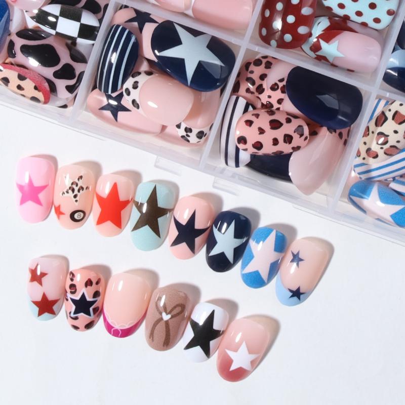 288pcs Acrylic Nail Tips Set, Stylish Acrylic Nails, Short Oval Star Leopard Bow Stripe Cartoon Dot French Design, Reusable Fake Nails for Women Girls 288pcs Acrylic Nail Tips Set, Stylish Acrylic Nails, Short Oval Star Leopard Bow Stripe Cartoon Dot French Design, Reusable Fake Nails for Women Girls