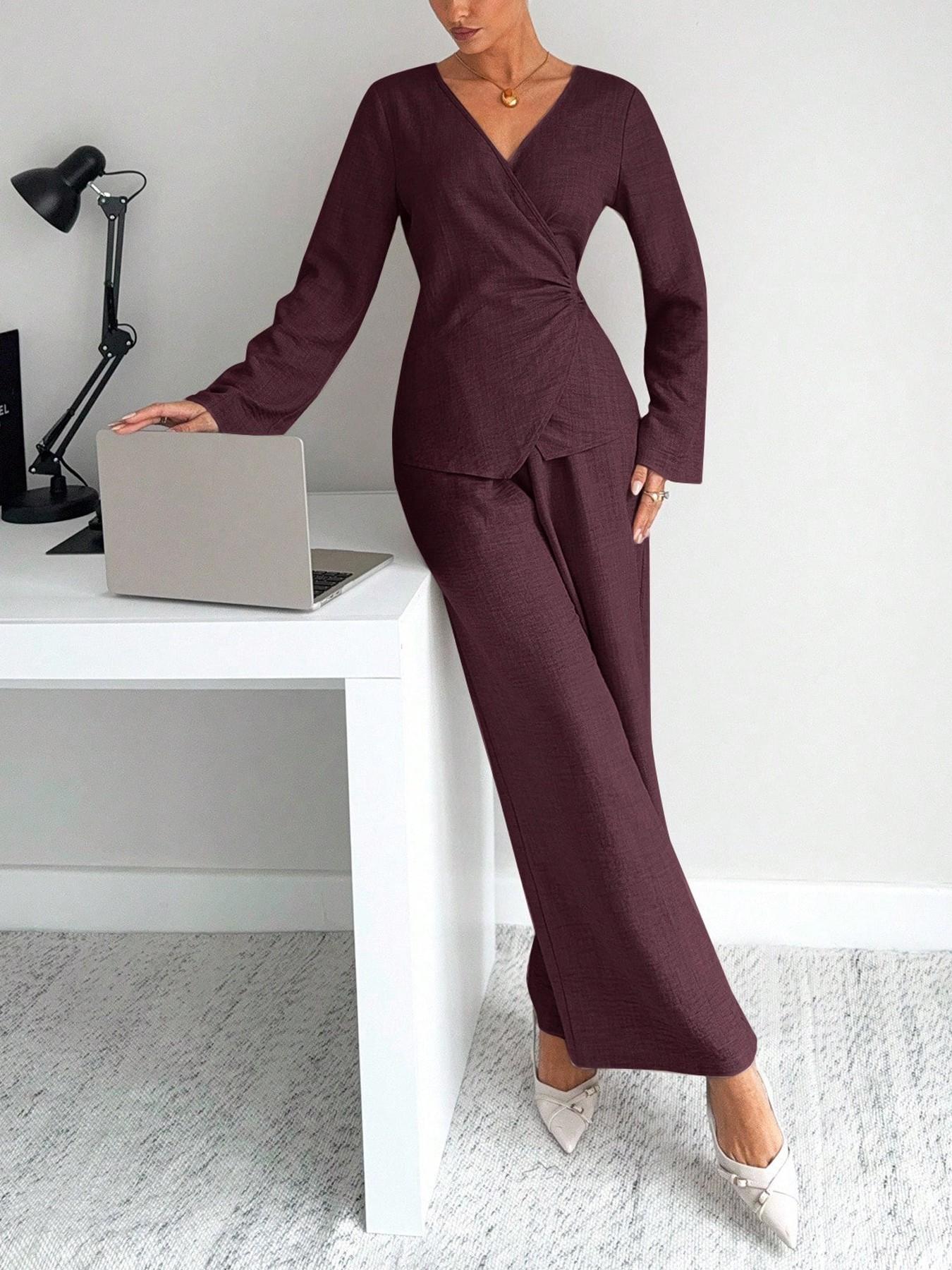 Elegant Women's 2-Piece Set Suits, Plain Color Layered Neck Crop Shirt with Bell Sleeve, Long Pants, Fall Winter for Parties