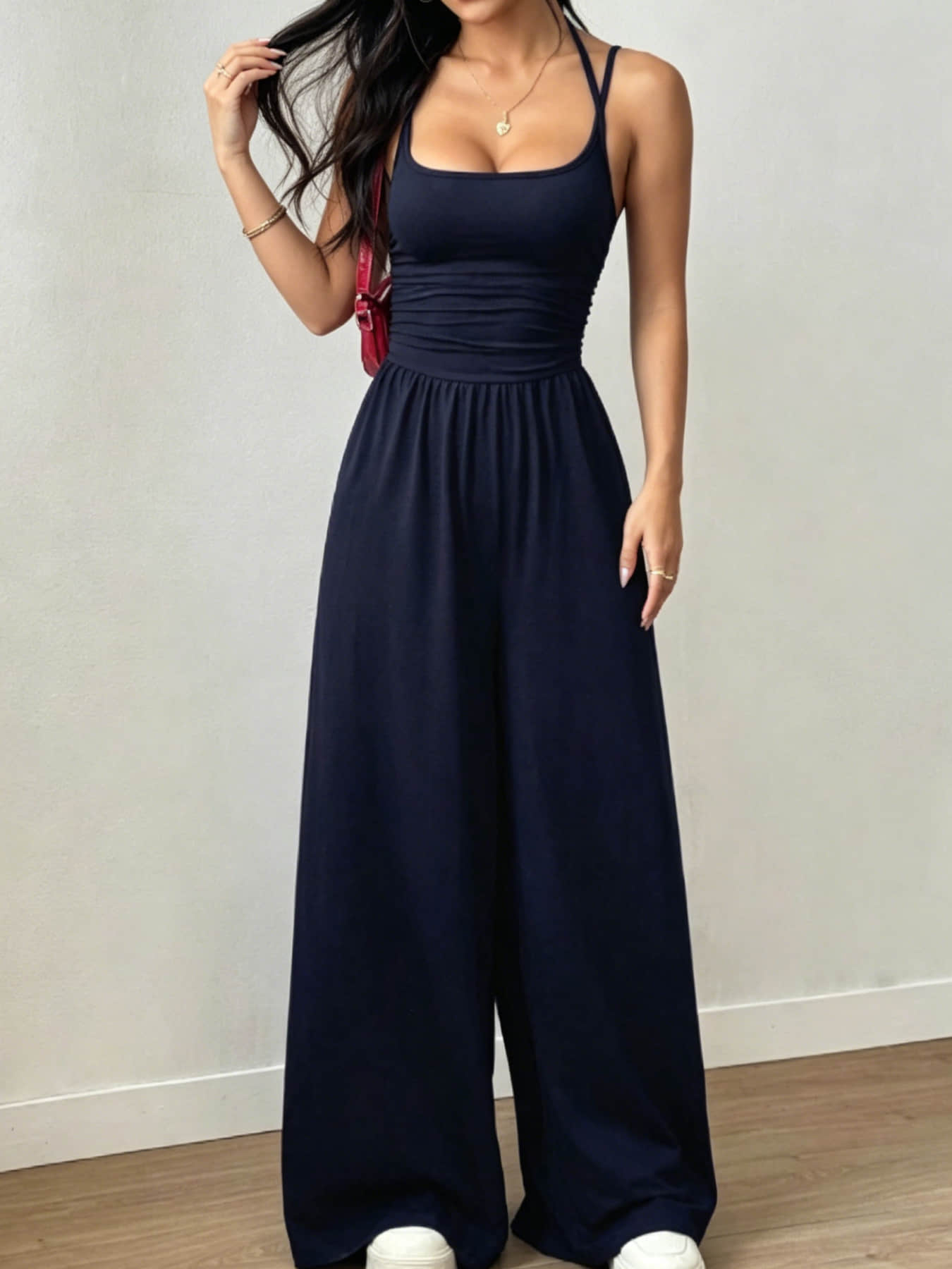 Summer New Fashion Women's Wear Design Double Fine Shoulder Strap One-Piece Wide Leg, Pleated Waist Design, Suitable for Commuting, Daily Wear, Vacation, Home, and Outdoor Adventures