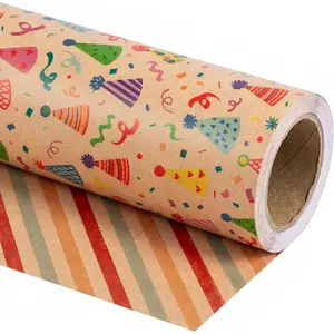 Reversible Birthday Wrapping Paper Roll - Colorful Party Hats   Paper with  Stripe - 17.5" x 16ft Birthday  Wrap for , Boys, Girls, Party Gifts