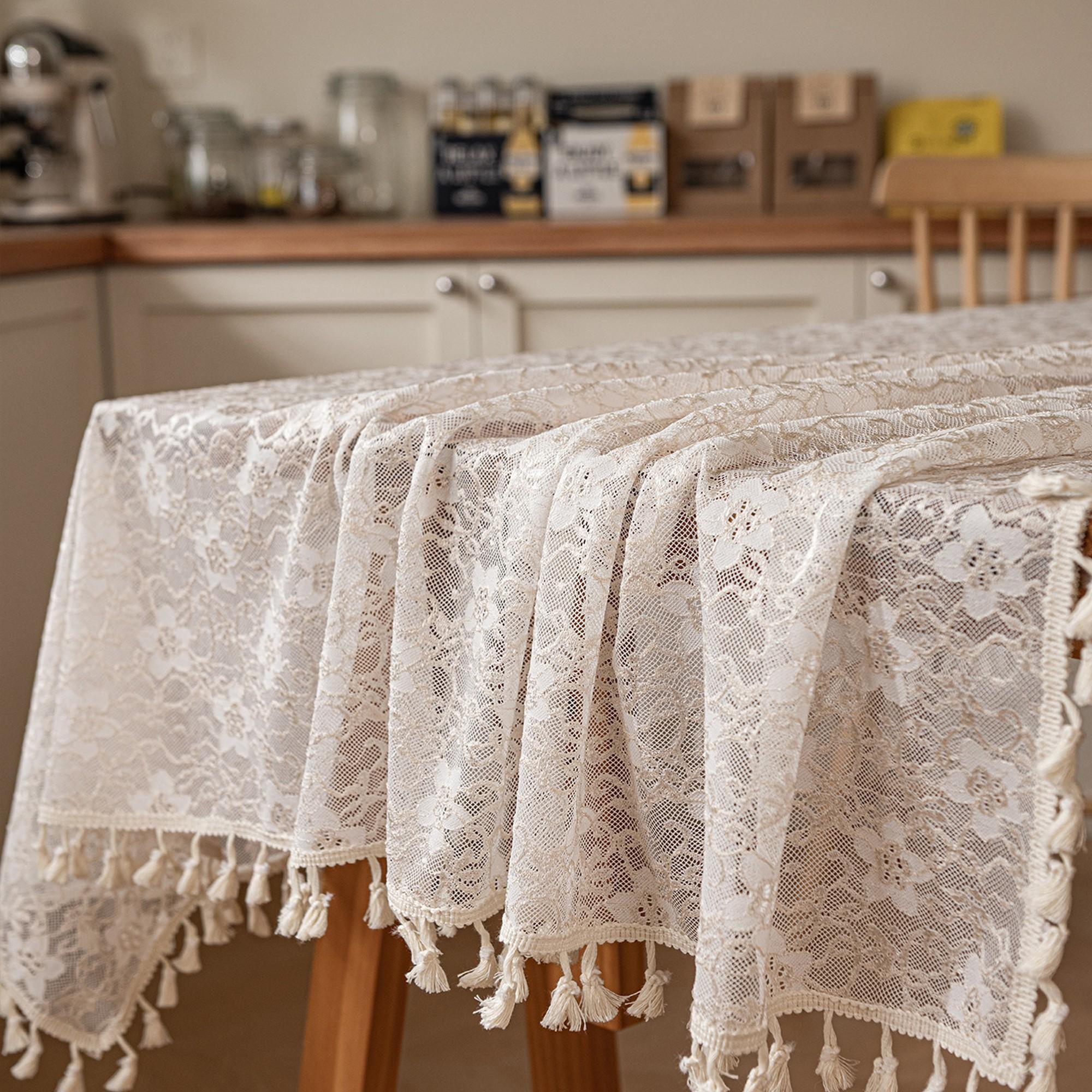 1pc Rustic Lace Fringe Tablecloth, Square Rectangle Camellia Cutout, Vintage Farmhouse Style, European French Retro Design