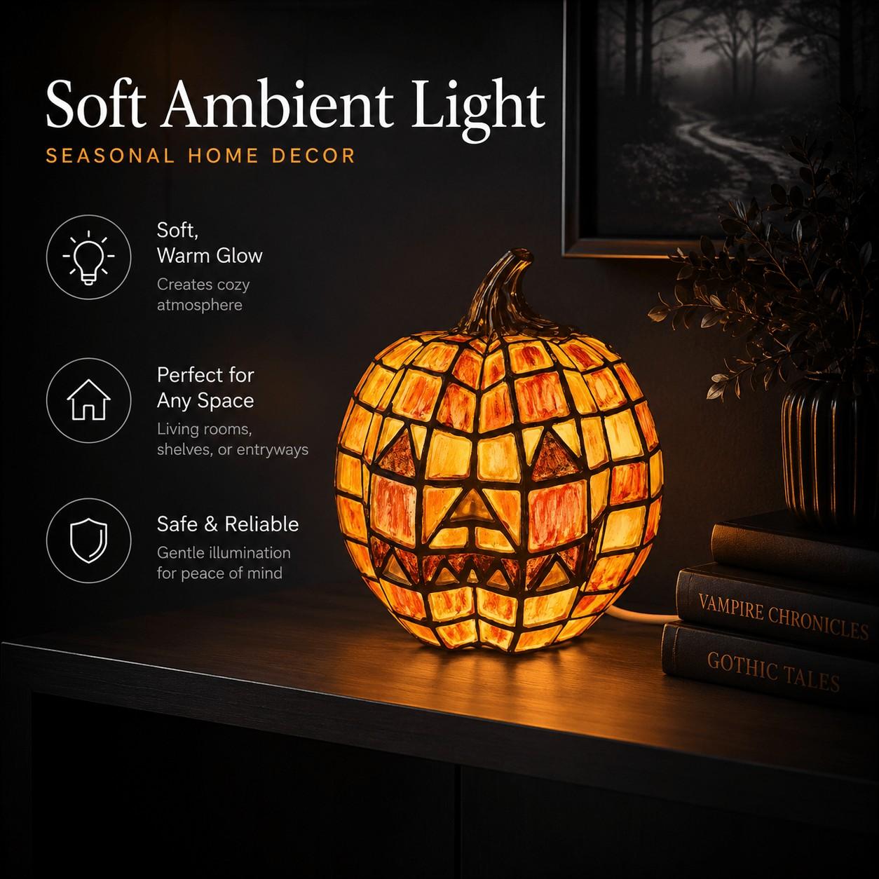 Mosaic Stained‑Glass Pumpkin Lamp Night Light, USB‑Powered Resin Halloween Pumpkin Light, Warm Glow Desktop Ornament, Home Decor for Fireplace & Tabletop in Fall and Thanksgiving, Holiday Gift, Wicked Ornament