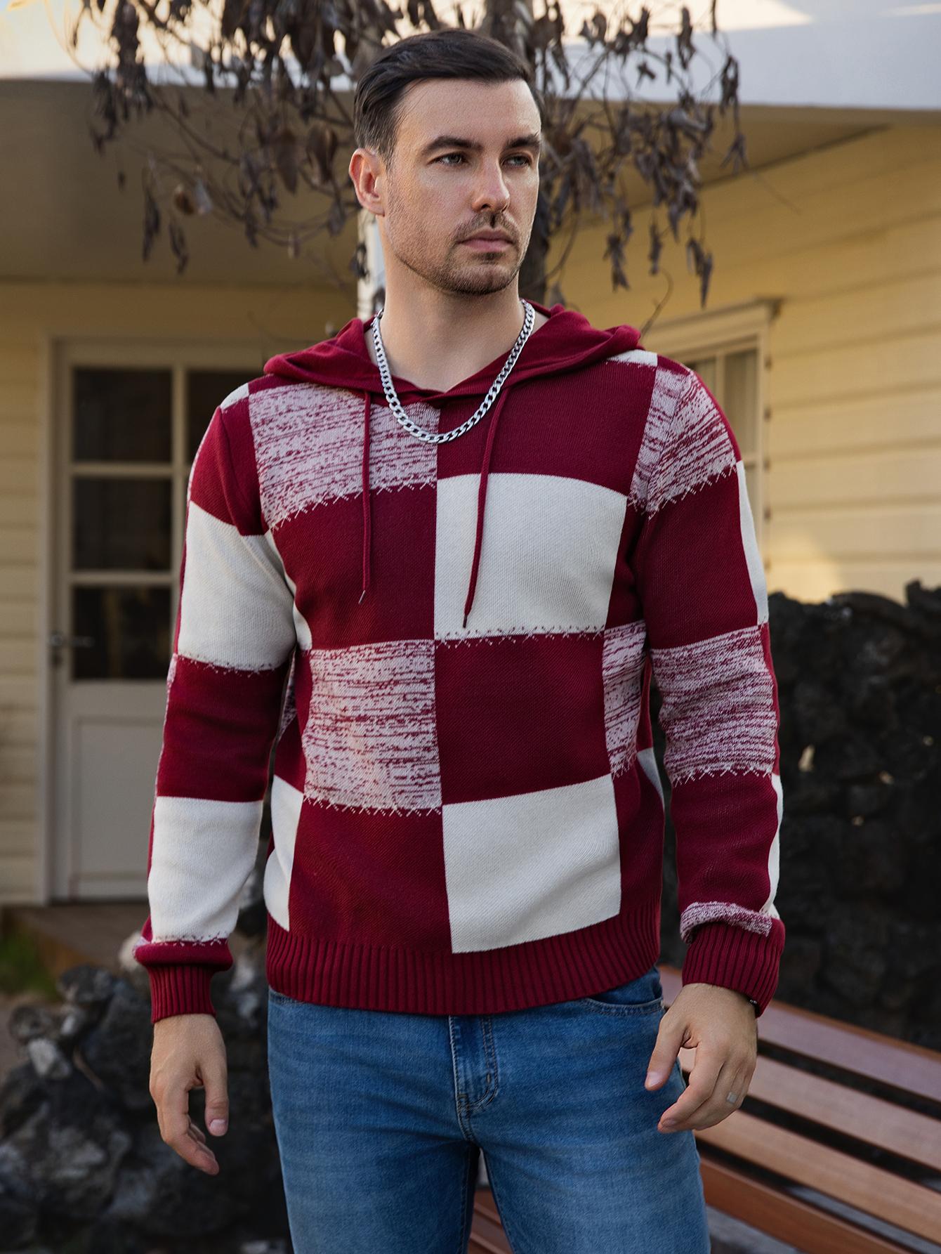 Men's Casual Hooded Color-Block Sweater - Black & Plaid Pattern, Long Sleeve Pullover with Ribbed Cuffs & Adjustable Drawstring Hood for Spring/Fall, Durable Knitwear, Comfortable Fit