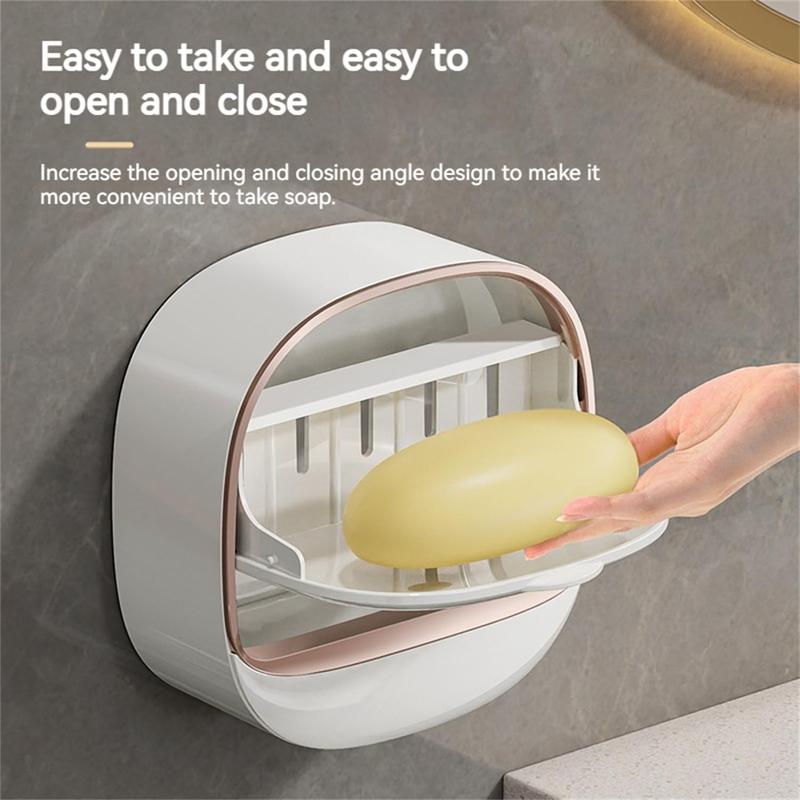 Soap Dish with Drain Box, Wall Mounted Soap Holder for Shower, Keeps Soap Dry, Waterproof Soap Box with Flip Lid for Shower, Punch Free Soap Bar Holder