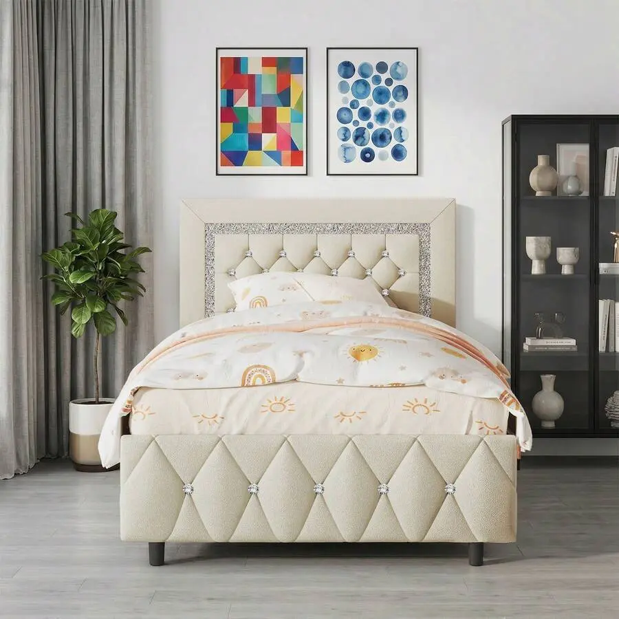 Upholstered Bed Frame, Modern Platform Bed Frame With Diamond Headboard And Footboard, No Boxing Spring Needed, Easy Assembly, Black/ Grey/ Pink/ Purple/ White/ Beige / Green, Twin/ Full/ Queen/ King,sohochic
