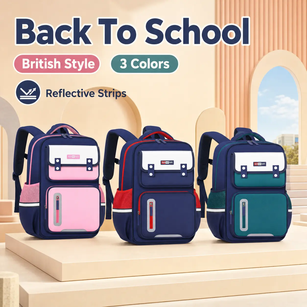 British Style Reflective School Backpack, Back To School Student Bag With Multi Pocket Design, Reflective Safety Strips, Side Pockets, Small And Large Sizes