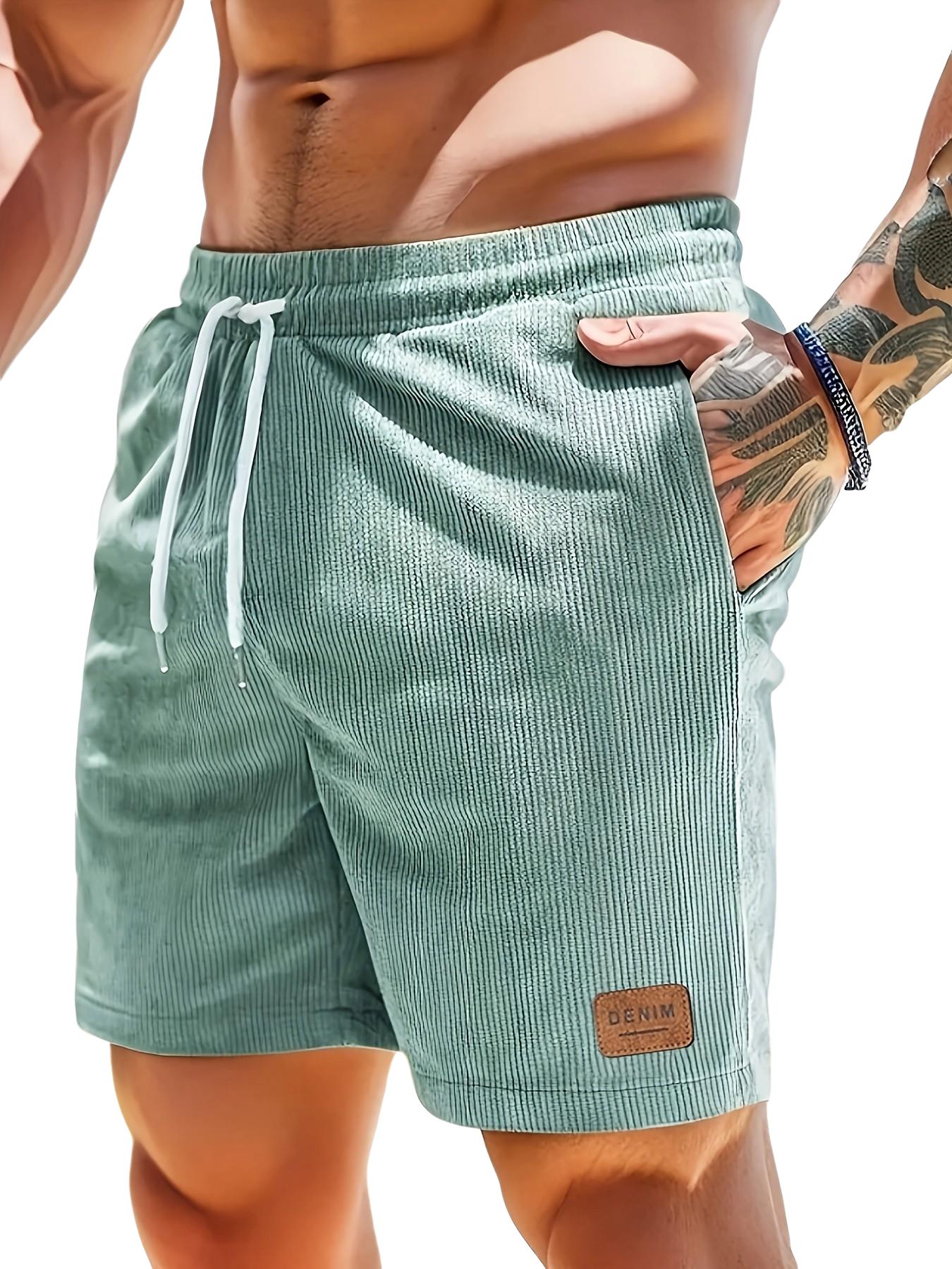 Men's Solid Color Vintage Corduroy Striped Shorts, Drawstring, Pocket, Letter Leather Label, Lightweight Comfortable Gym Shorts, Summer Fitness, Outdoor, Beach Vacation