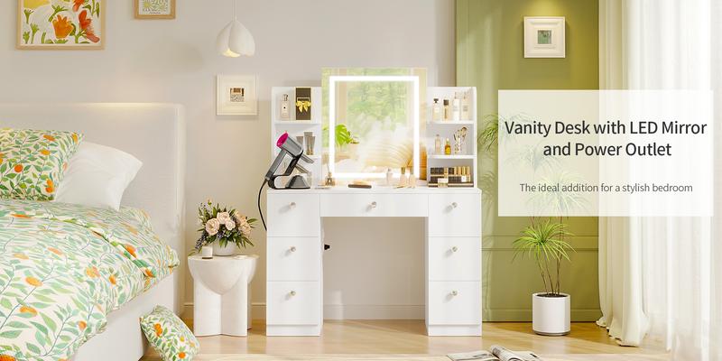 【Assembly video available】VOWNER Modern 55" Tall Makeup Vanity Table Set with 3 Color Lighted Mirror 7 Drawers & Outlet Gift