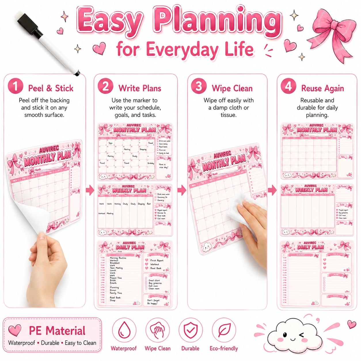 Auvirec 3-Piece Bow Pet Dry Erase Calendar Set, Reusable Family Schedule Board, Includes Marker, for Kitchen, Office, Refrigerator, Dry Erase Calendar for Fridge