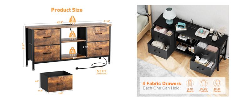 Aowos Dresser TV Stand for 50/55 inch TV, Wide Dressers & Chests of Drawers with Charging Station & 4 PU Drawers Storage, Console Sofa Table for Bedroom, Living Room