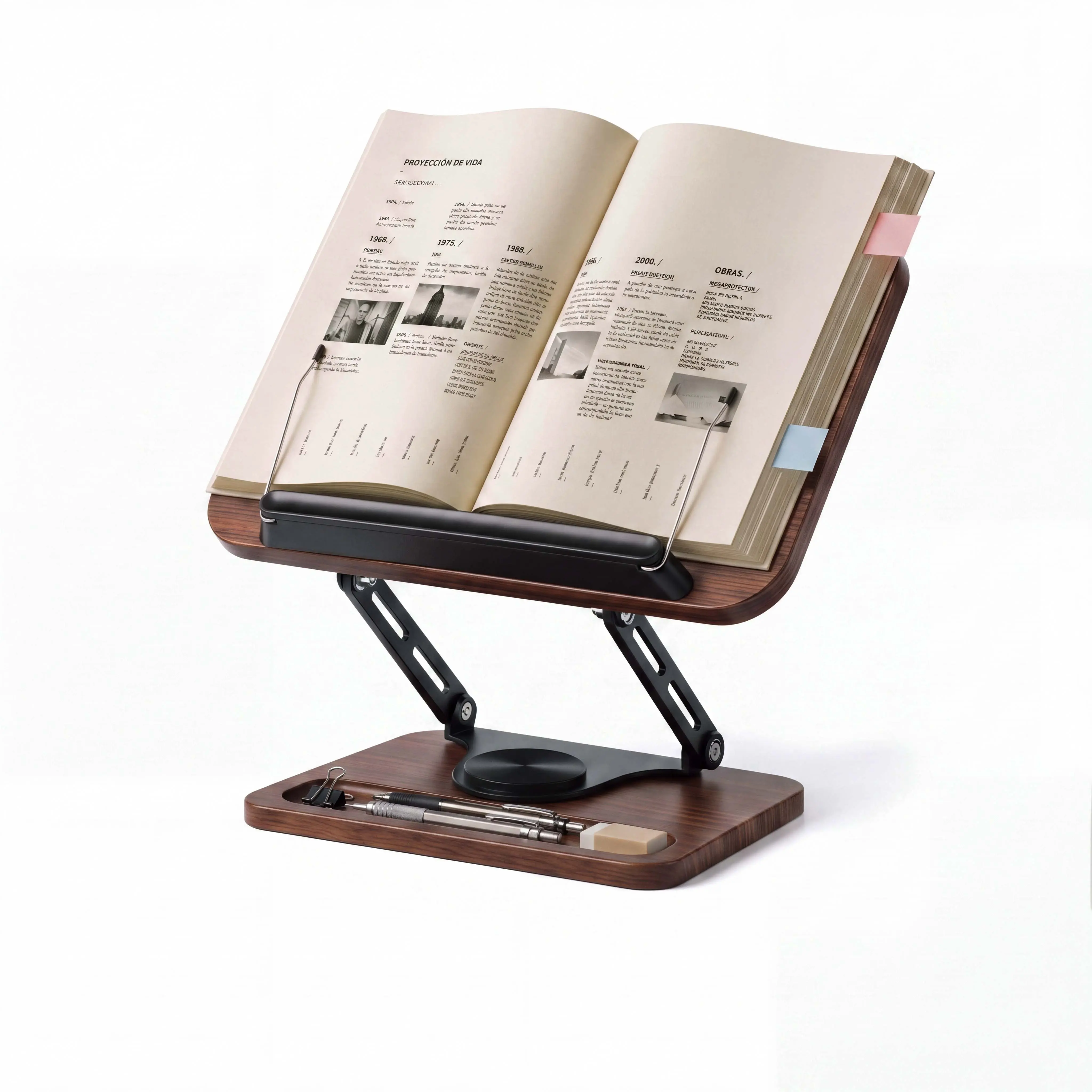 Rotating Wood/Acrylic Book Stand with Pen Holder & Elastic Page Clip – Adjustable Clamp for Hands-Free Reading, Tablet & Book Holder