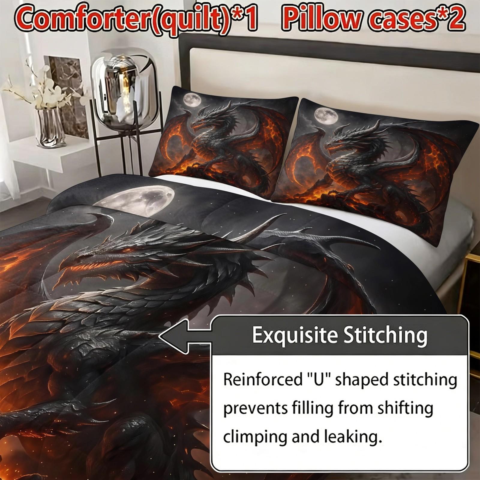 Volcano Dragon Pattern Quilt Set, Polyester Fiber Bedding, Includes 1 Quilt + 2 Pillowcases Without Core, Soft Skin Contact, Ideal for Couples