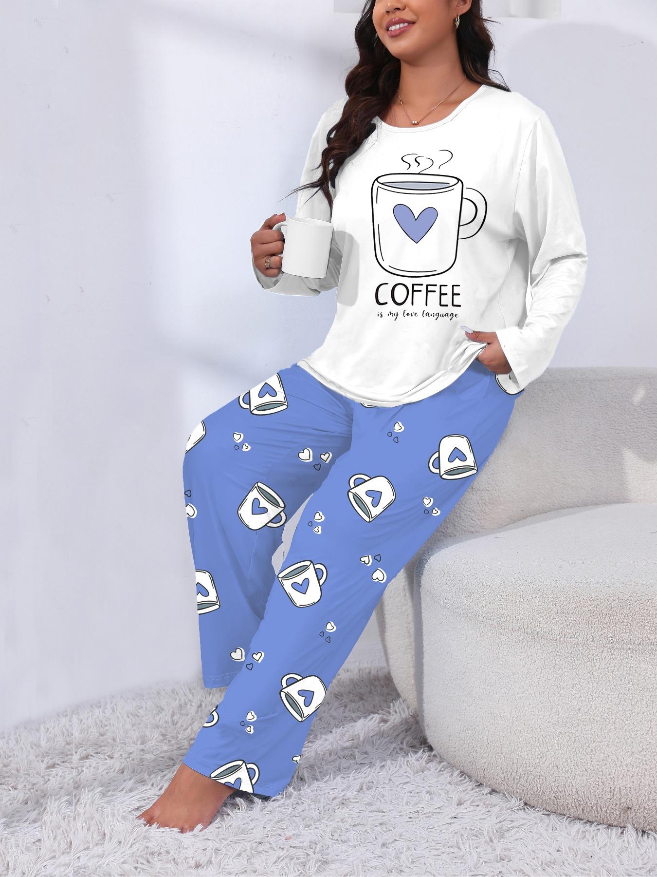 Plus Size Heart Coffee Letter Print Comfortable 2-Piece Pajama Set, Long Sleeve Top & Pants, Casual Fitted Sleepwear & Loungewear for All Seasons