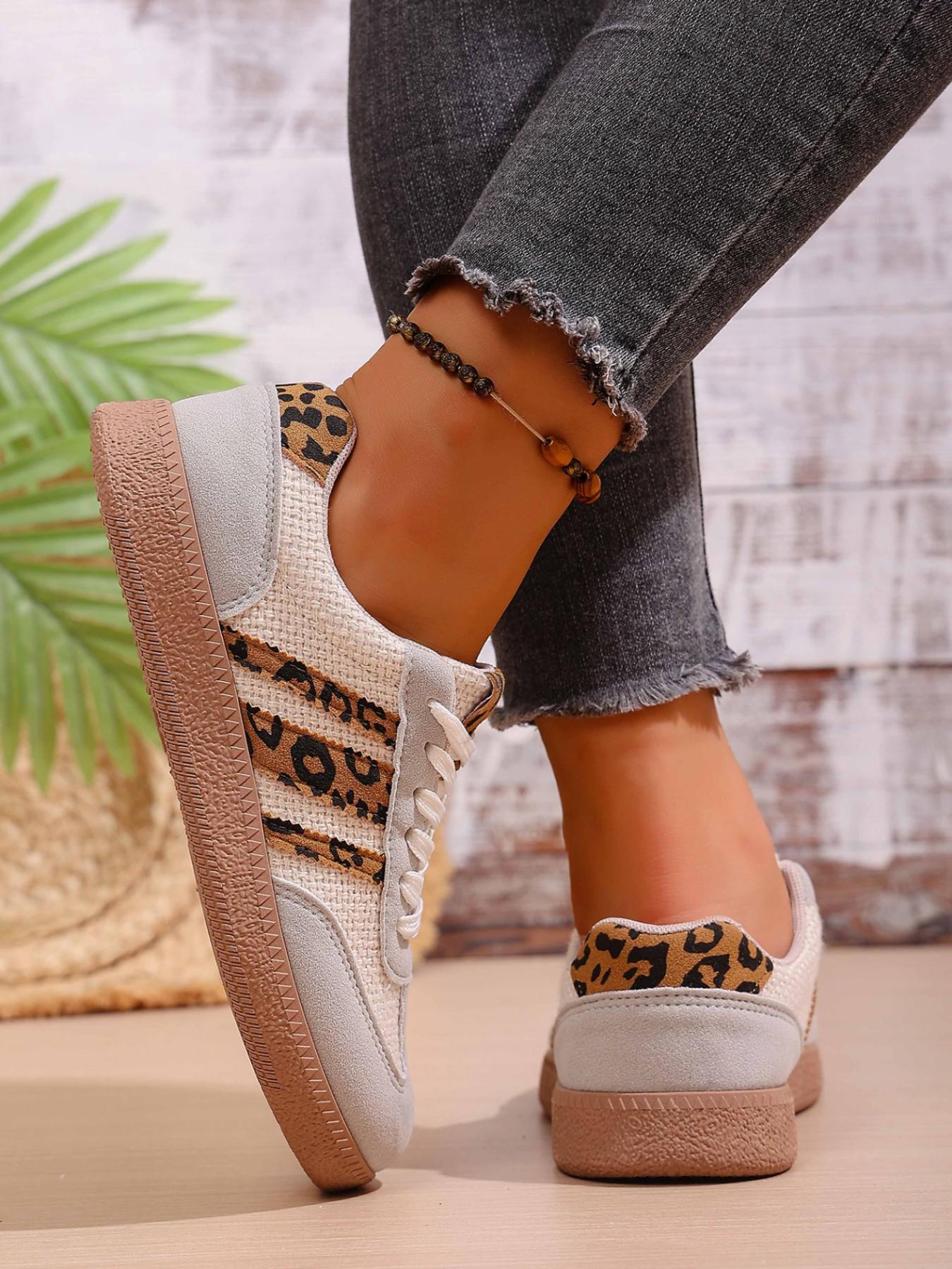 Leopard Print Patchwork Training Shoes, Vintage Three Stripe Casual Agony Shoes, Versatile Women's Footwear, Trendy and Comfortable