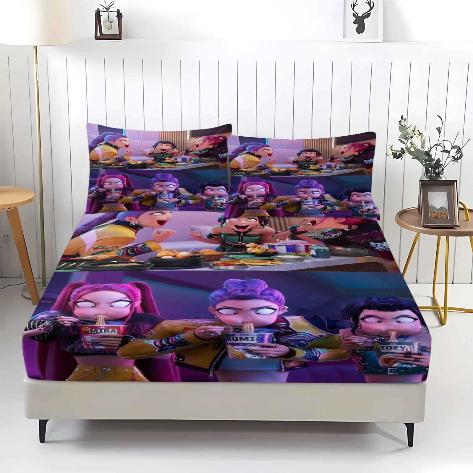 Kpop Girl Group Casual Style Bed Sheet Set, Anti-Slip Anime Idol Themed Mattress Covers, Fashionable Home Decor Accessories