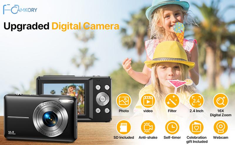 Small Digital Camera, Pocket Size Instant Vlogging Camera with 32GB SD Card & Wrist Strap, Self Timer, Anti-Shake, 16X Digital Zoom, FHD 1080P Point & Shoot Camera for Daily Photography, Perfect Holiday Gift for Adults, Teens & Kids【Deep Black】
