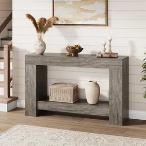YJ-Garvee 47'' Long Console Table, 2-Tier Entryway Table Sofa Table with Storage, Farmhouse Wood Behind Couch Table for Living Room, Grey Oak