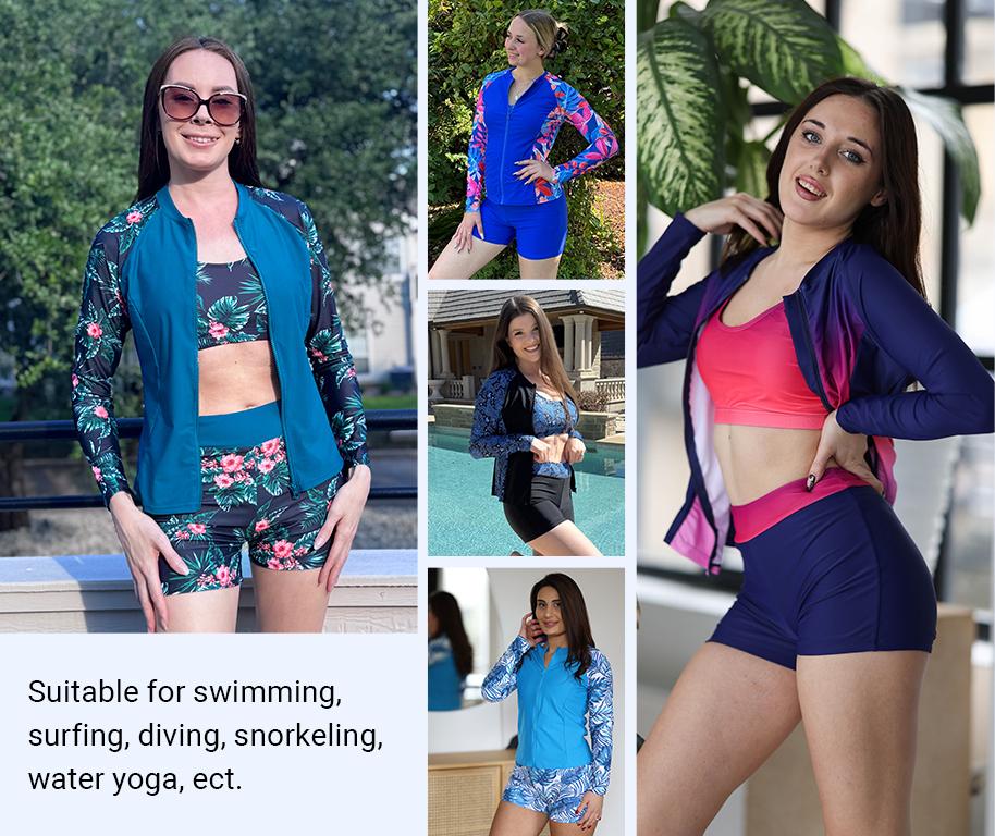 Holipick Long Sleeve Swimsuits for Women - Three Piece Rash Guard with Shorts Zipper SPF Swim Shirt with Built in Bra