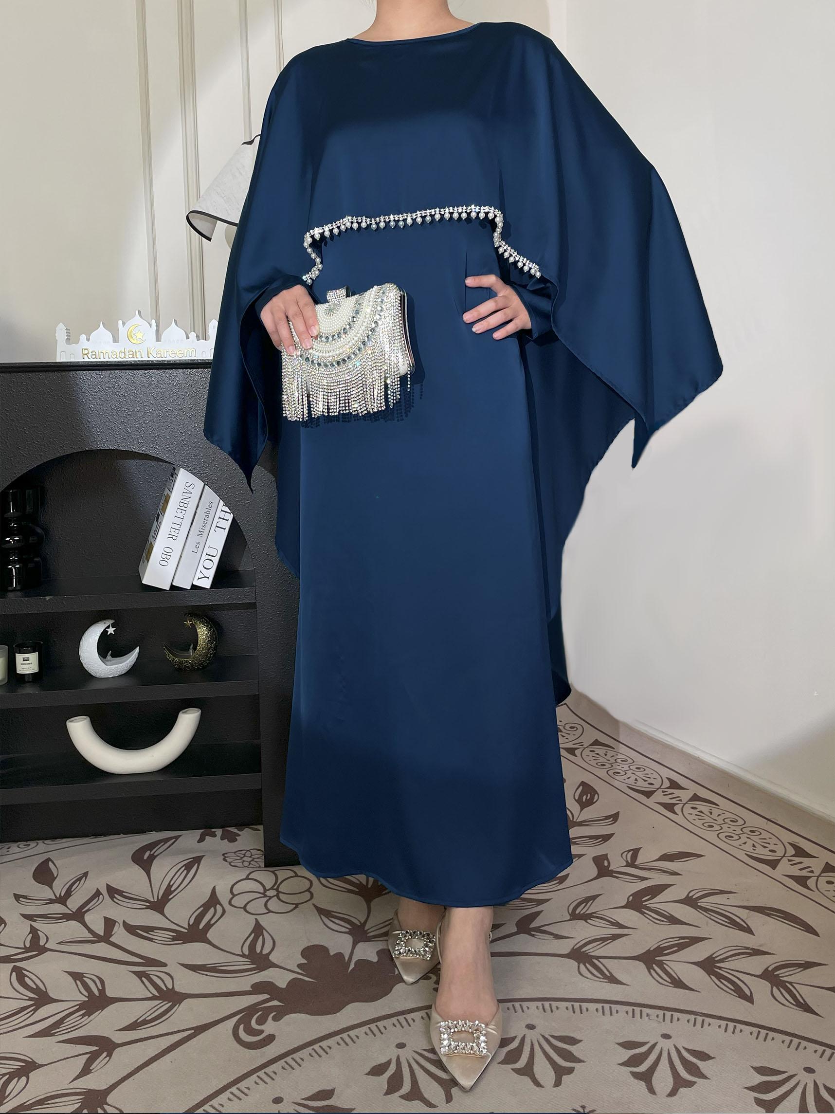 CL43 Satin cape elegant Muslim dress, Modest Party Open Butterfly Pearl rhinestone Abayas, For Evening Party/Wedding Guest/Anniversary,Unique design, luxurious texture,Fashionweek