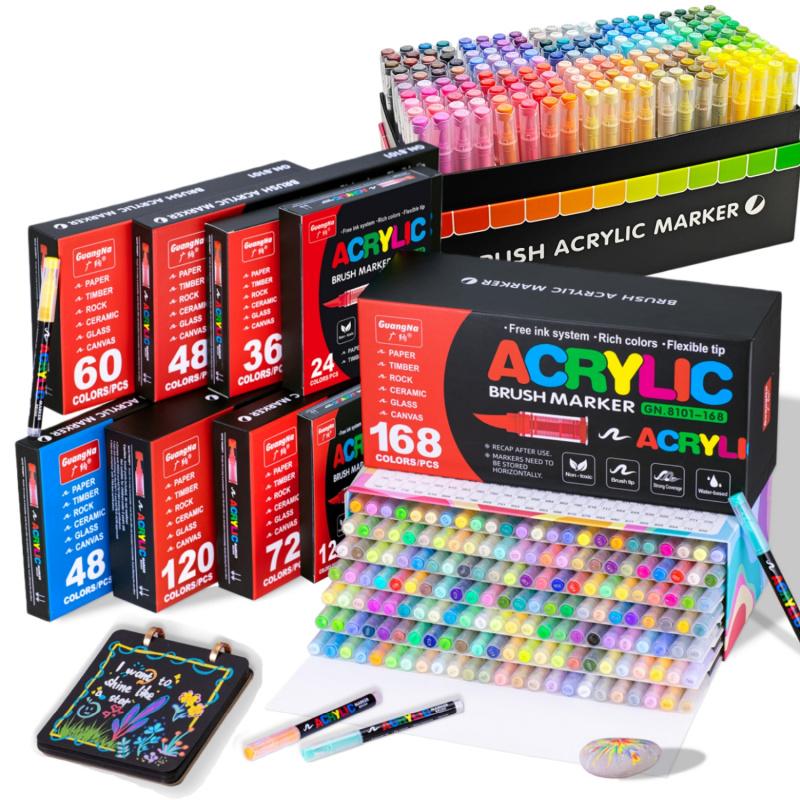 Acrylic Paint Markers Brush Tip, Acrylic Paint Pens with Direct-Liquid Ink System, Paint Markers for Rock Painting, Fabric, Wood, Canvas, Plastic, Permanent,Washable,Quick-Drying,Waterproof