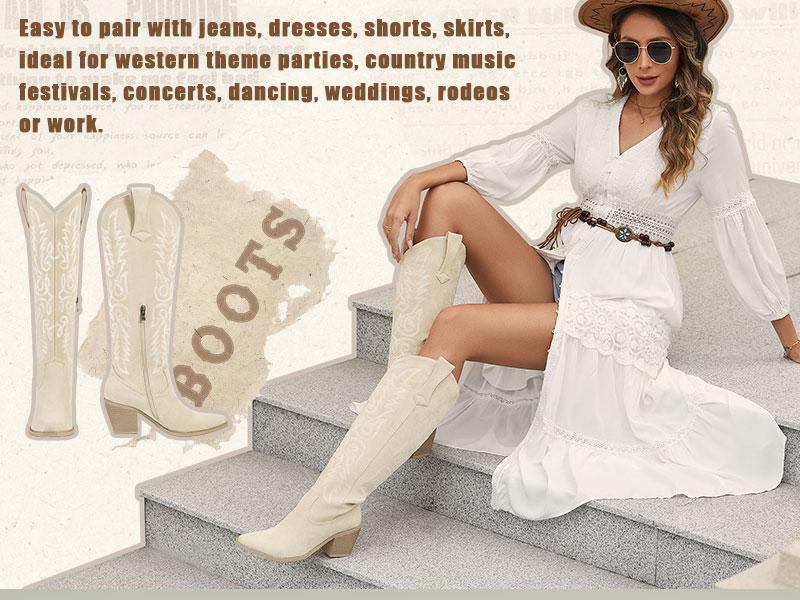 Wetkiss Womens Cowboy Boots Side Zipper Dark Brown Cowgirl Knee High Retro Tall Cowgirl Vintage Embroidery Pointed Toe Chunky Heel Ladies Red Tall shoes   ,Women's Shoes,Women's Boots #TikTokShopBlackFriday #TikTokShopCyberMonday