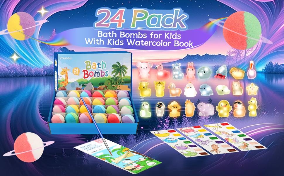 Gift Set with 24 Unique Land & Sea Animal Toys, Fun, Educational, and Child-Safe Bath Bombs with Toys, Great Gift for Boys & Girls’ Birthdays & Christmas