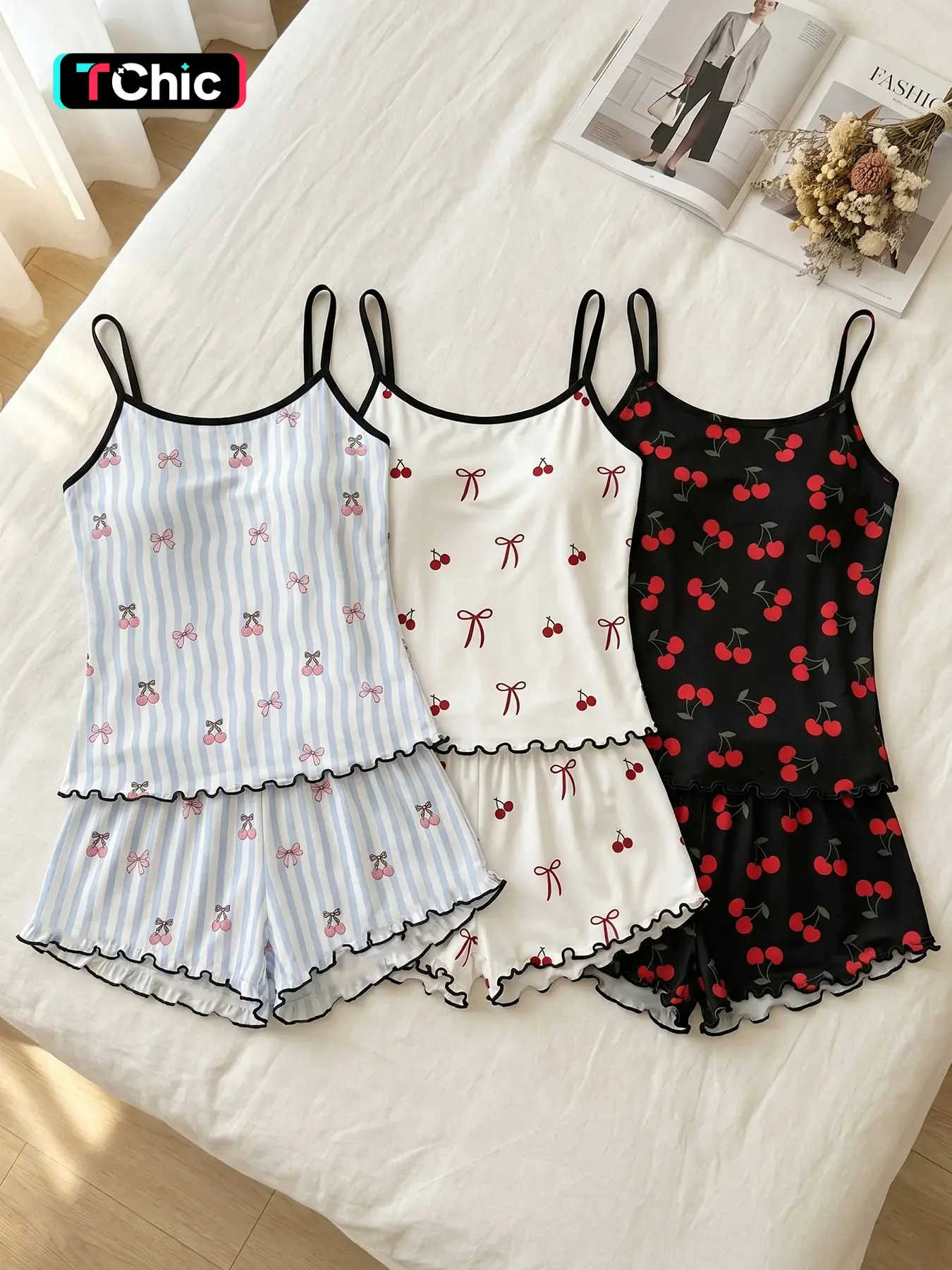 Women's 3 Pack Cami Top Spaghetti Strap and Shorts Pajama Set, Camisole Sets, Spring Summer Wear, Sweet Bow Cherry Print Ruffle Hem, Soft Feminine Style, Sleepwear for Home & Date Night