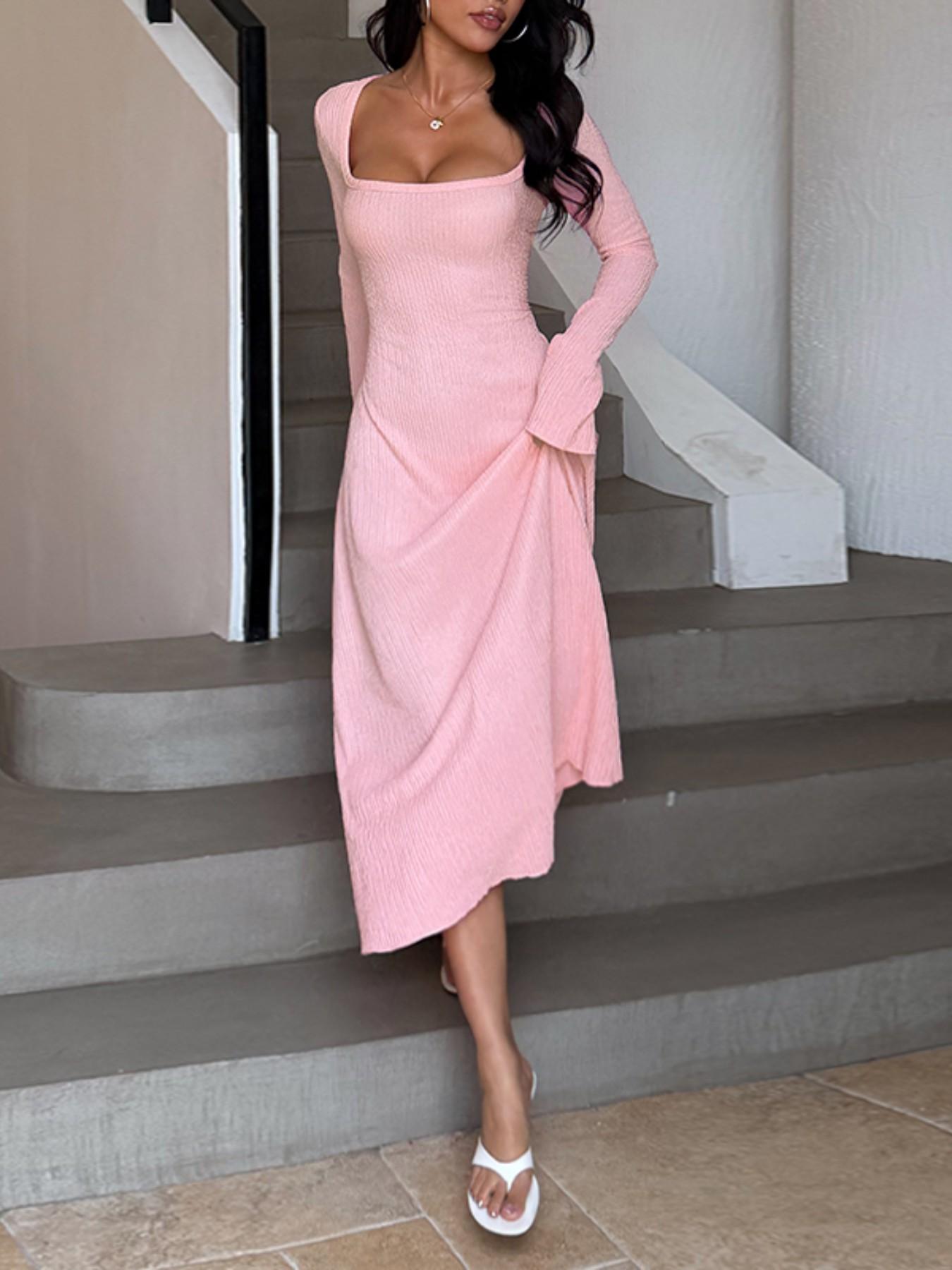 Women's Plain Lace Up Tie Back Flounce Sleeve Dress, 1 Count Elegant Square Neck Long Sleeve A Line Dress for Formal Party Holiday Wedding Guest, Ladies Spring&Fall Clothes