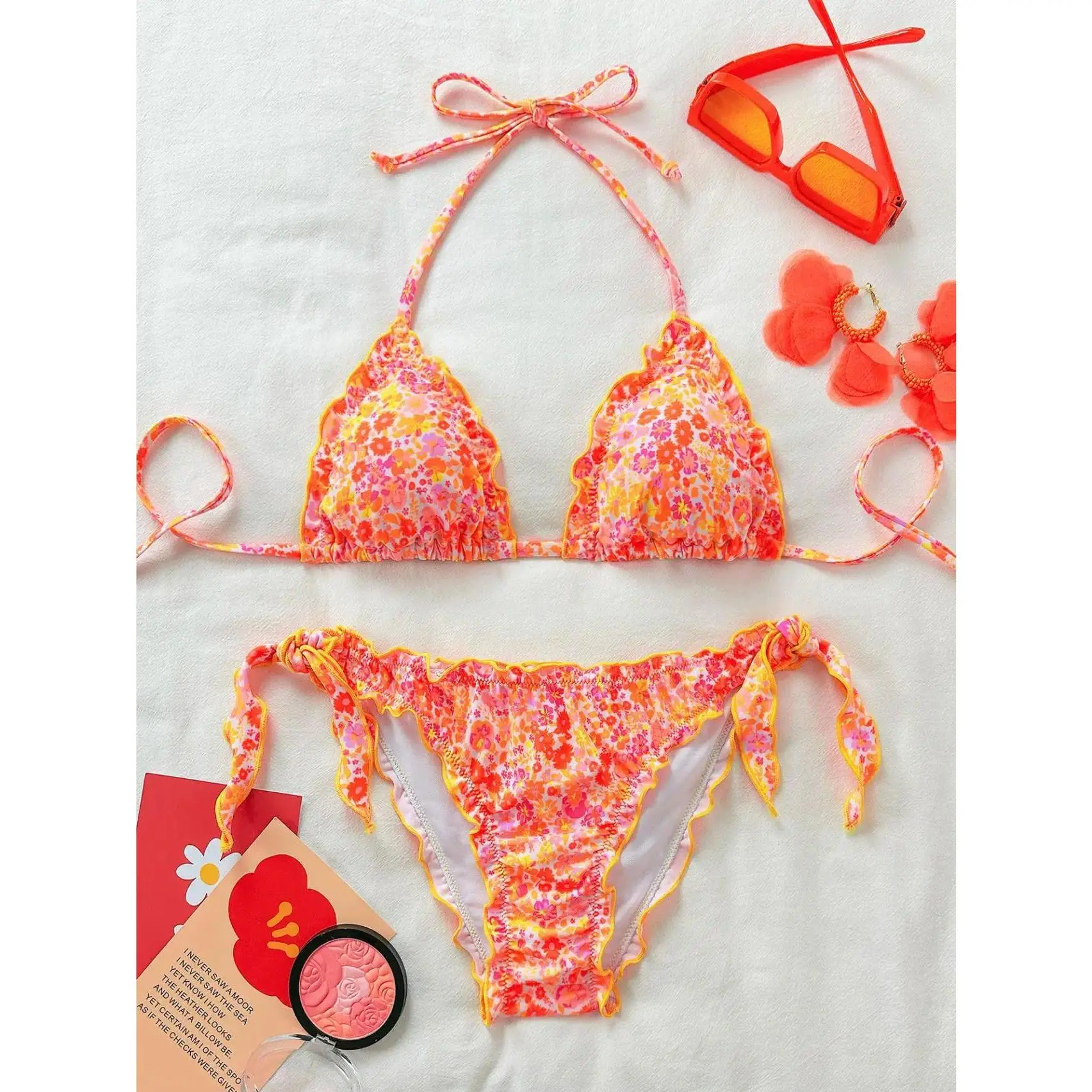 Cute Orange Floral Print Bikini Set Women Halter Ruffles Push Up Tie Side Thong Swimsuit 2026 Summer Bathing Suit Micro Swimwear