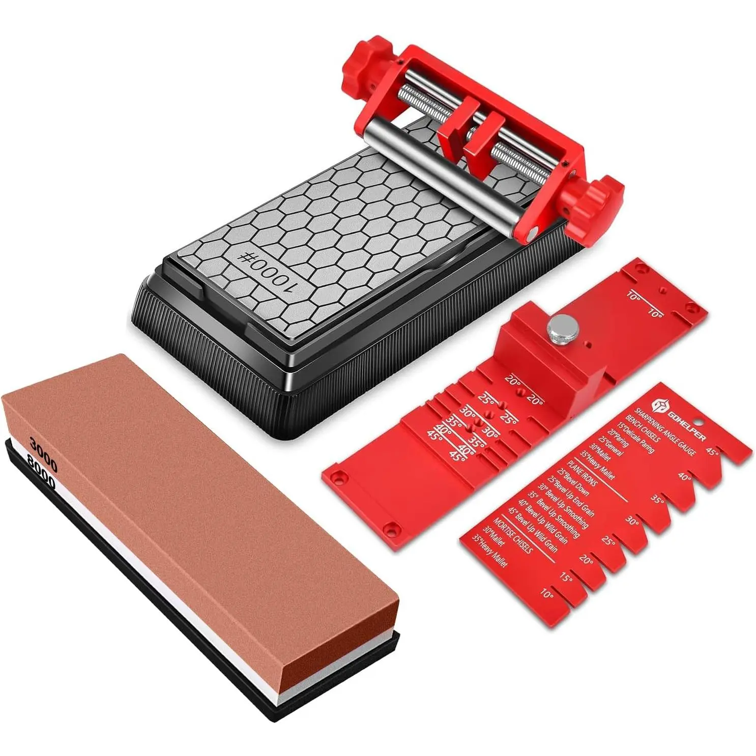 Woodworkers' Chisel Sharpening Jig with Clamp Jaw - Wood Honing Guide for Chisels & Planes (0.1-2.8 Inches Width), 10°-45° Angle Gauge, Sharpening Angle Fixture, 2 Stones