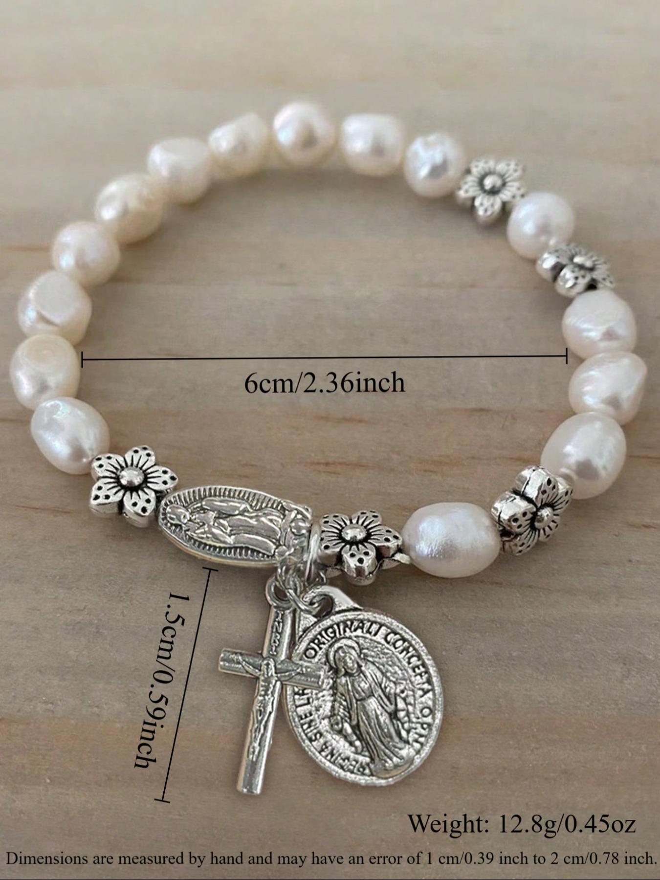 Vintage Cross Saint Mary Pendant Faux Pearl Floral Elastic Beaded Bracelet, Unisex Casual Party Creative Jewelry for Men and Women Faith Wear Jewelry