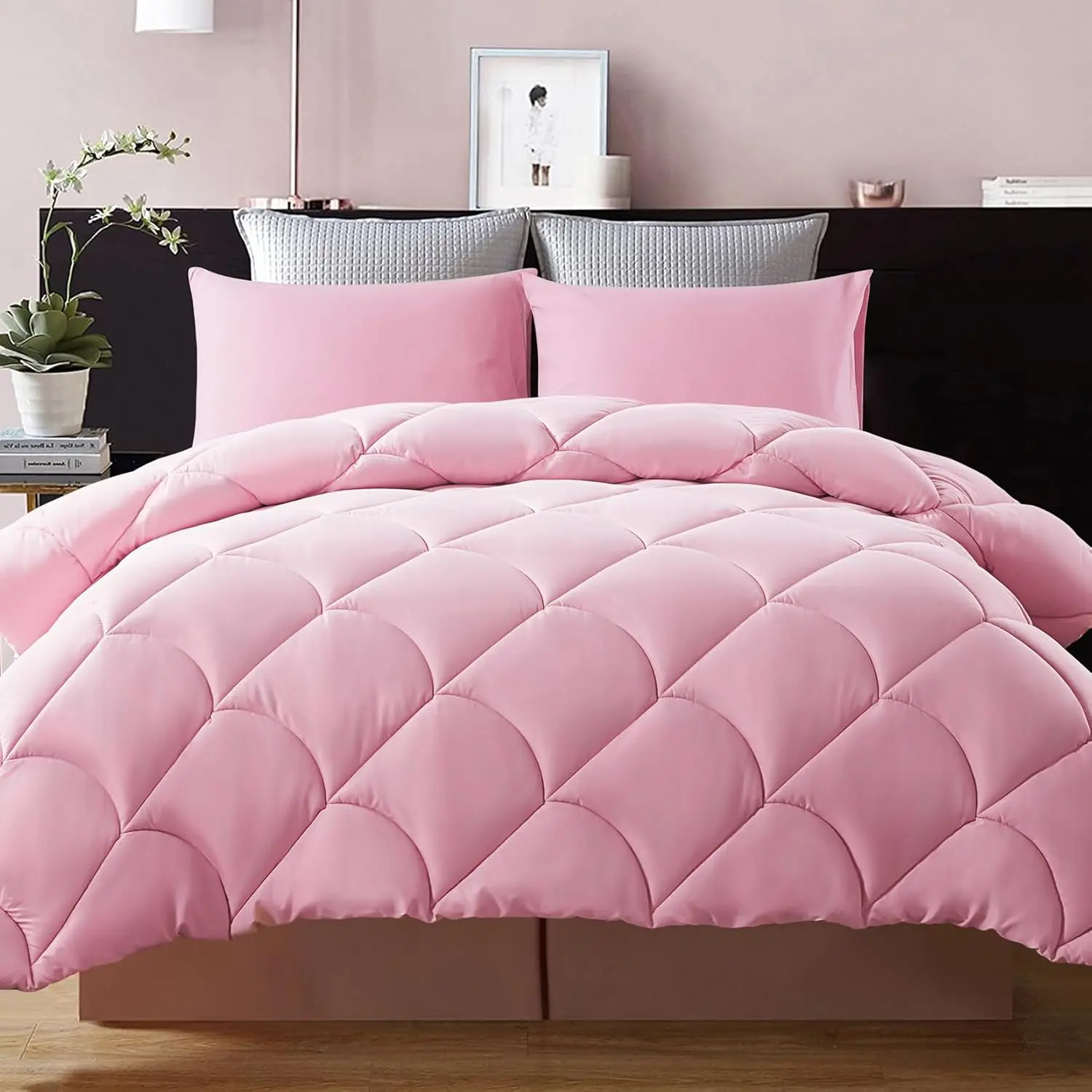Lightweight King Comforter Set with 2 Pillow Sham - 3 Pieces Set - Quilted Down Alternative Comforter/Duvet Insert for All Season - Pink - King Size