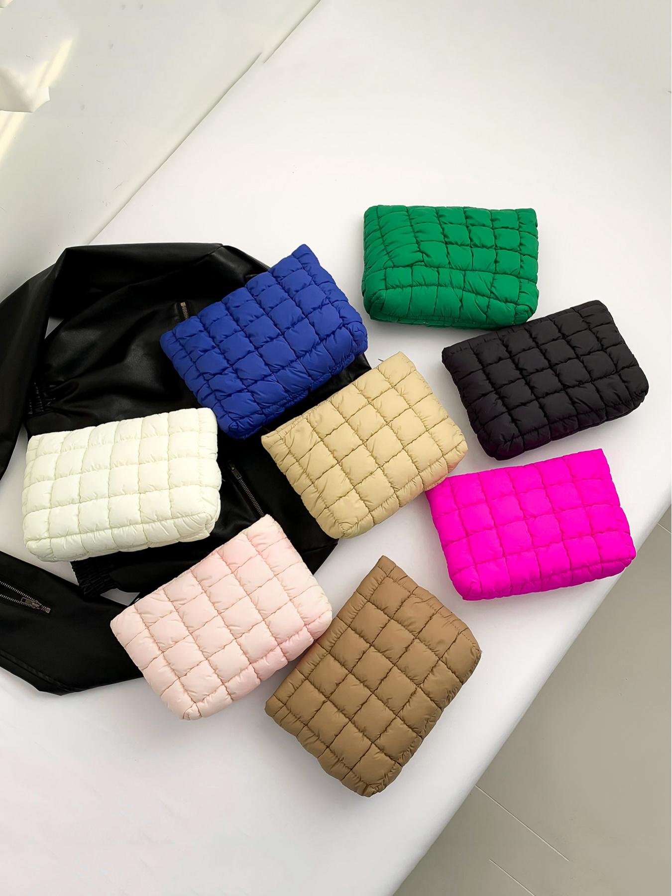 Ladies' fashion quilted plaid convenient makeup bag, casual solid color pleated design lightweight large-capacity storage bag, Makeup Organizer Pouch, Cosmetic Pouch