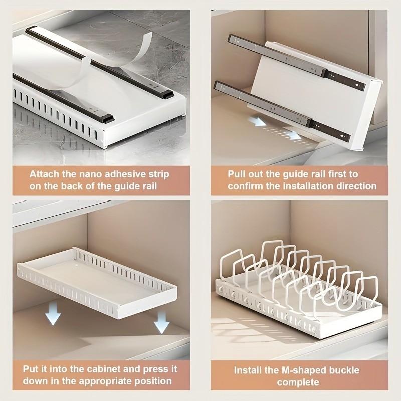 Expandable Pull-Out Pot Rack, No Tools Needed for Easy Installation, Adjustable Storage for Kitchen & Bathroom Organization, Dish Drying Organiser