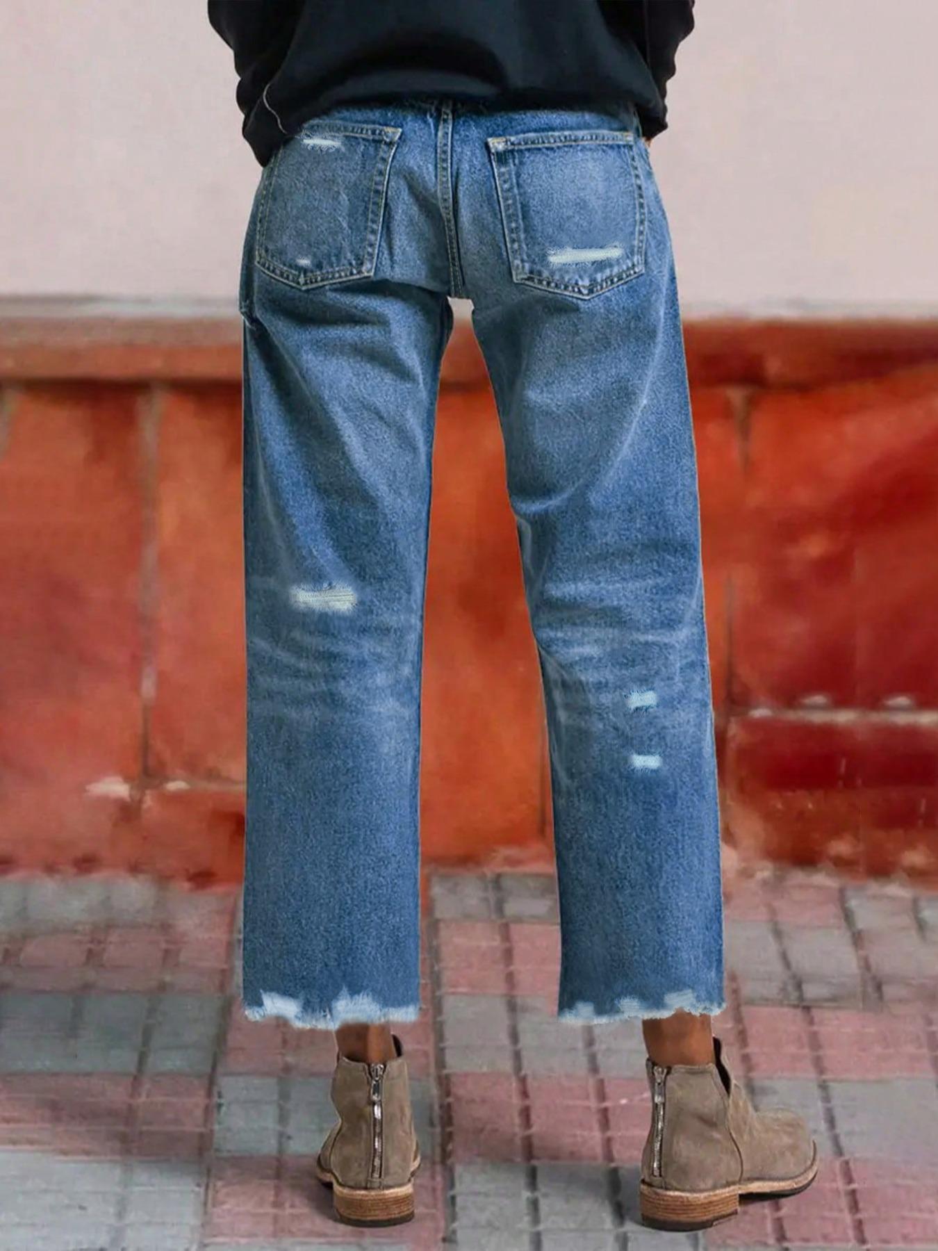 Women's Washable Elastic Fabric Frayed Hem Ripped Loose Straight Denim Capri Pants, Casual Summer, All-Season Wear