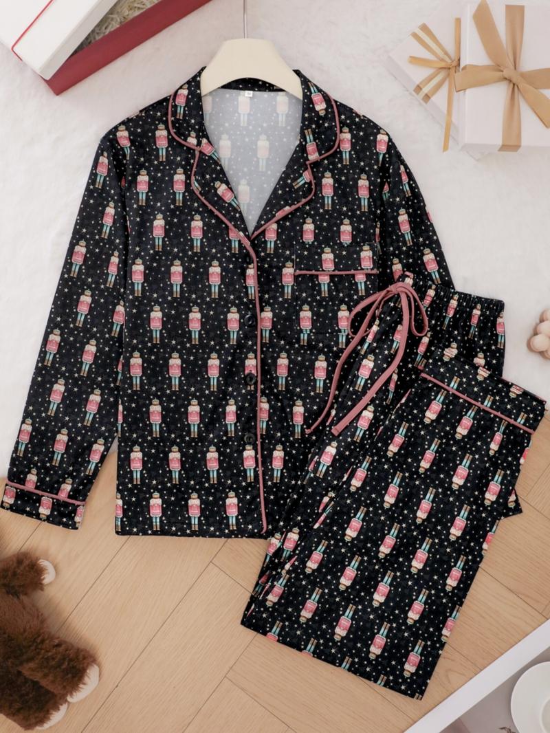 Women's All Over Print Lapel Neck Pajama Set, Long Sleeve Button Top & Tie Front Pants PJ Set, Casual Comfy Loungewear Set for Women