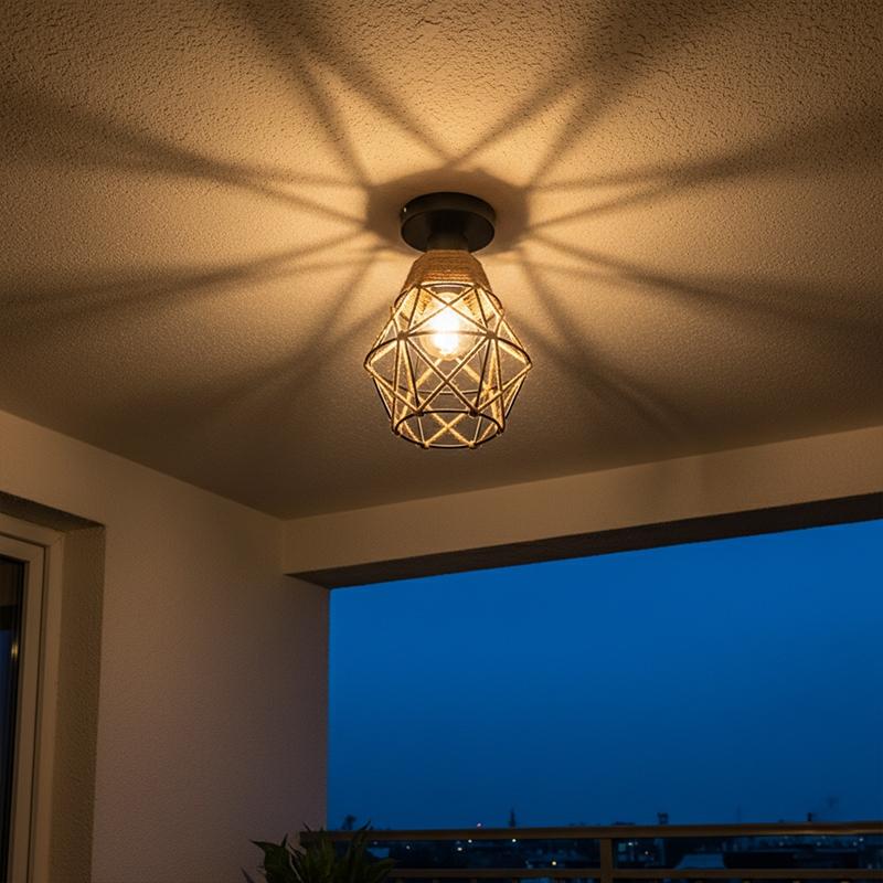 Hemp Rope Ceiling Light, Embedded Ceiling Lamp, E27 Socket, Hardwired, Rustic Metal Fixture, for Entryway, Hallway, Kitchen, Bedroom, Study