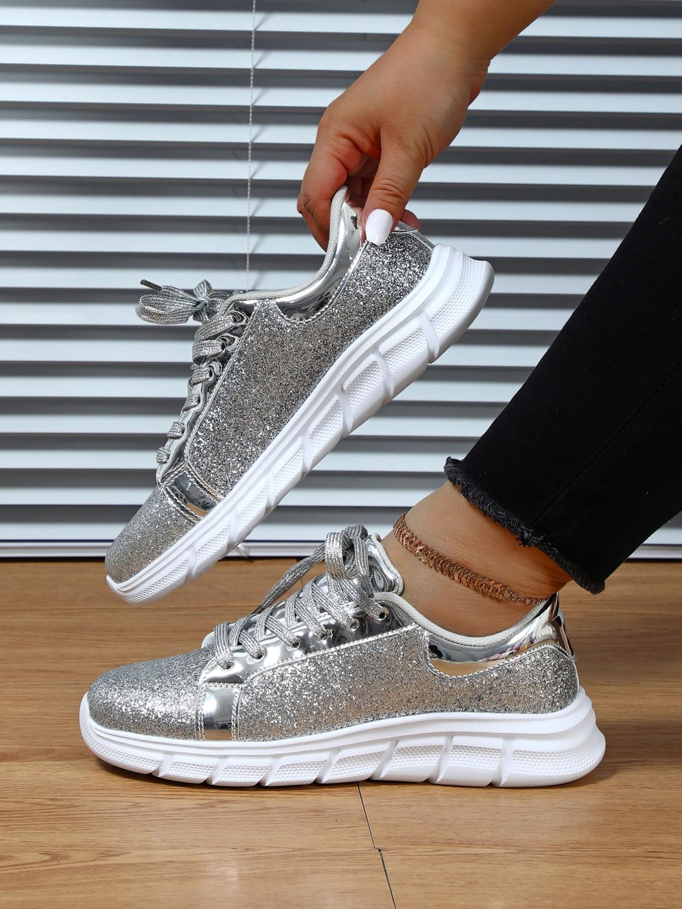 2026 Spring New Silver Color Glitter Thick Sole Casual Board Shoes for Women, Fashion Versatile Height-Boosting Sports Shoes