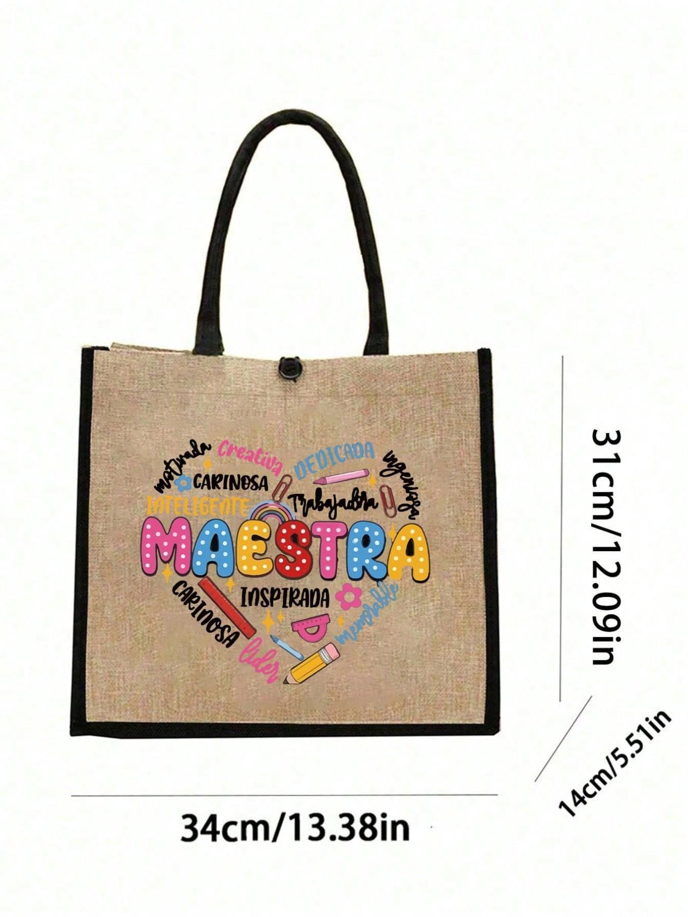 Maestra Theme Tote Bag and Makeup Pouch Set, Large Capacity Linen Shopping Bag, Heart Pattern, Cosmetic Organizer, Casual All-Season Style