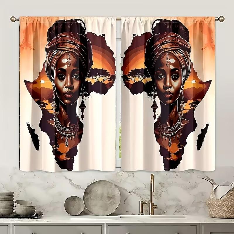 2 pieces, featuring tribal women patterns from Africa. Installed with pocket rods. Digital printed curtains, with filtering function to protect privacy. Suitable for living room, kitchen, bedroom, study, bathroom, hotel, restaurant, and home decoration.