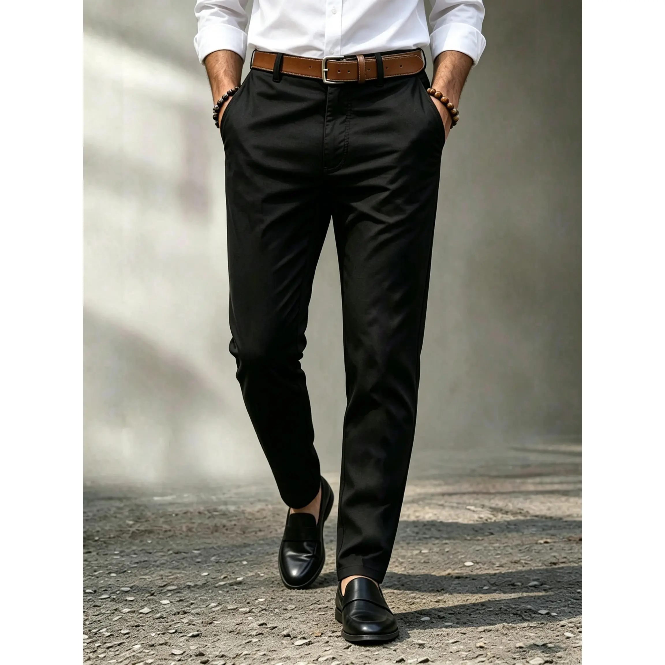 Classic mensfashion outfit crafted from premium cotton fabric, tailored slim trousers matched with crisp button shirt, casual business styling for daily outdoor gentleman look