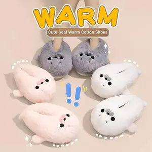 Winter Home Slippers for Couples Warm Plush Neutral Cartoon Seal Indoor Anti Slip Comfortable Cotton Slippers for Men and Women
