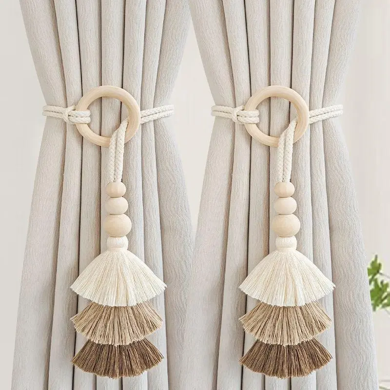 2Pcs Minimal Luxury Tassel Woven Curtain Tiebacks, sturdy braided rope curtain holdback rings, elegant home drape decor for living room curtains, bedroom window arrangement and farmhouse interior styling decoration
