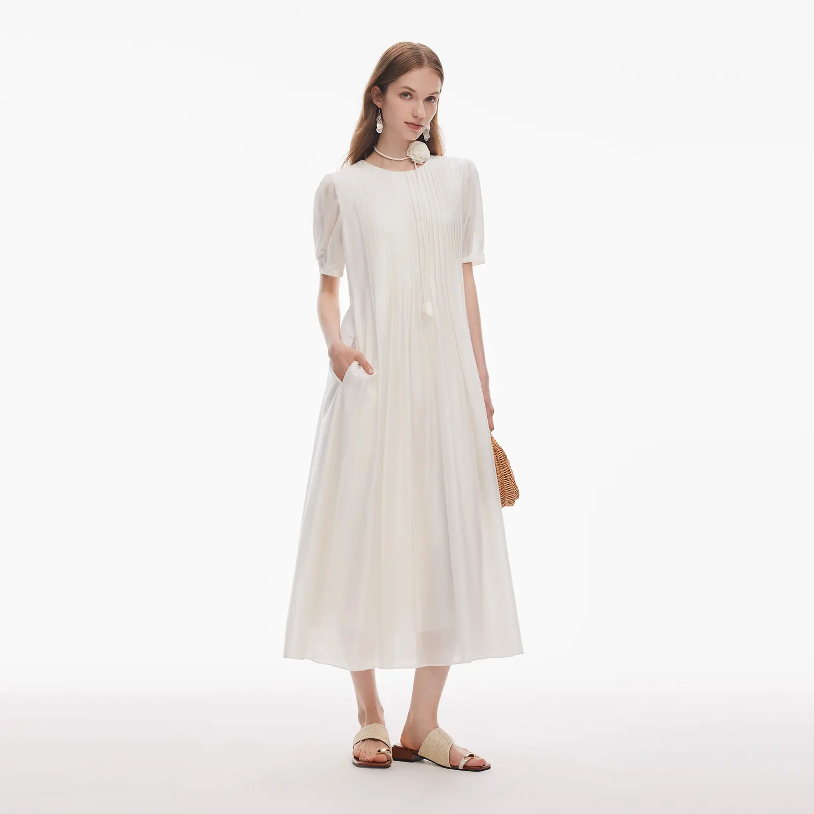 Tencel Blend Pleated Women Loose A-Line Maxi Dress