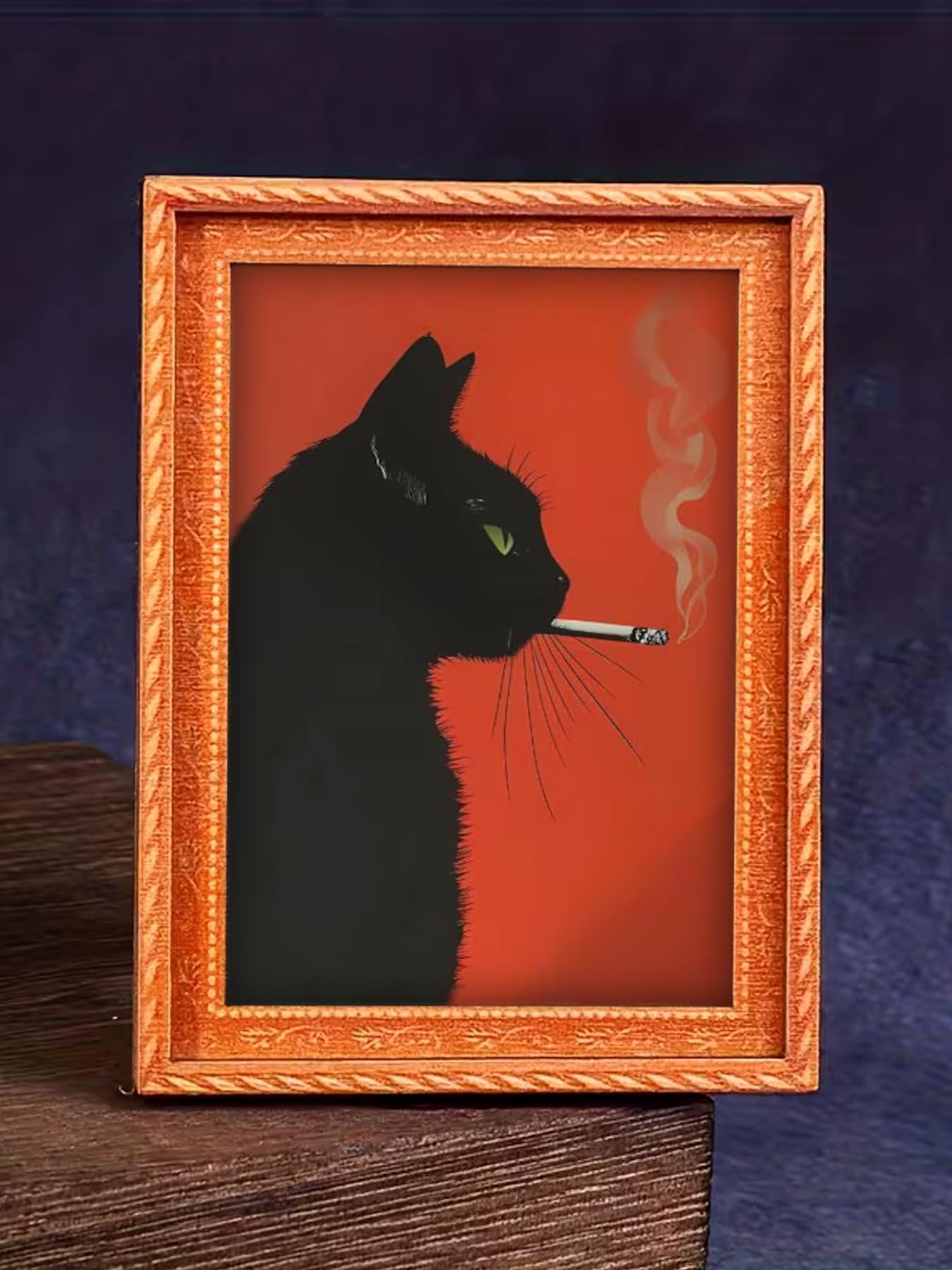 black cat smoking cigarette painting 1pc Vintage Black Cat Smoking Cigarette Fridge Magnet